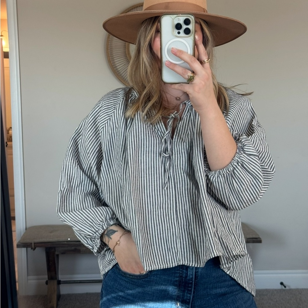a new day Black and White Striped Tie-Neck Peasant Top